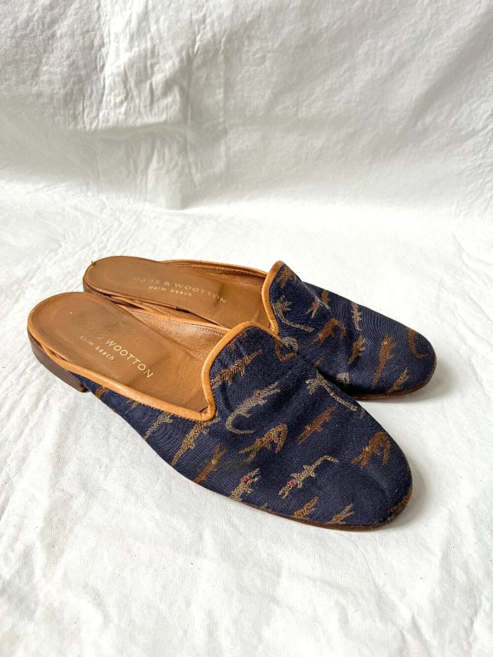 Stubbs & Wootton shoes slip on mules womens 8.5 blue brown leather alligator